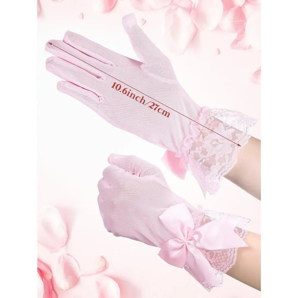 Women's Evening Pink Elegant Short Lace Bow Gloves Party Wedding Accessories